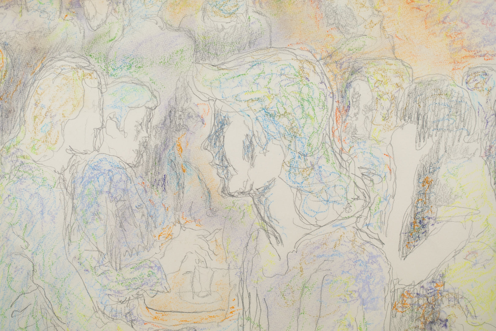 alt="Close-up detail of Yasumijikan (The Recess – Drawing) showing loosely defined pencil lines and the atmosphere of women in conversation by Tatsuo Takayama"