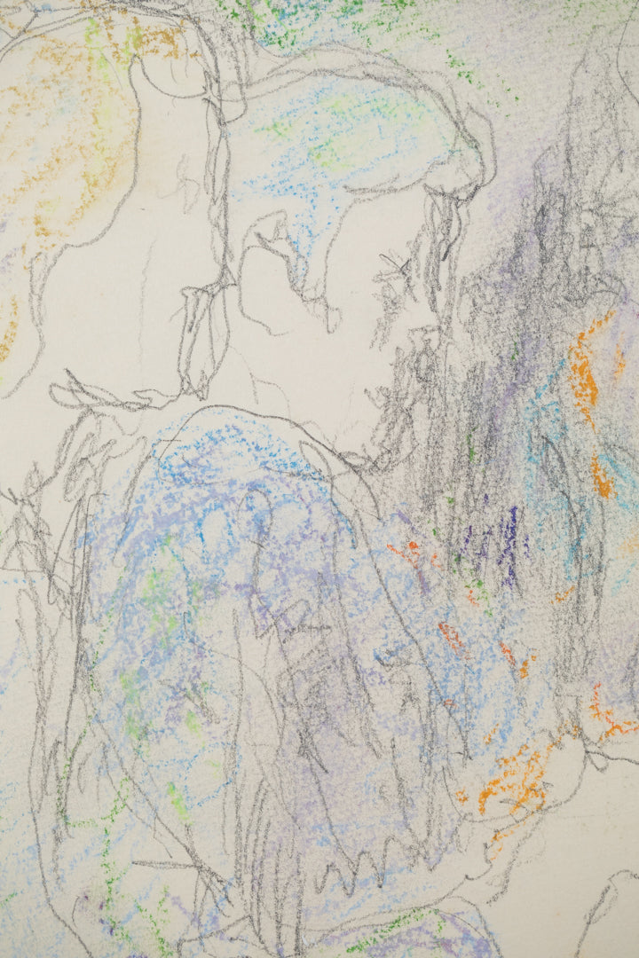 alt="Close-up detail of Yasumijikan (The Recess – Drawing) showing loosely defined pencil lines and the atmosphere of women in conversation by Tatsuo Takayama"