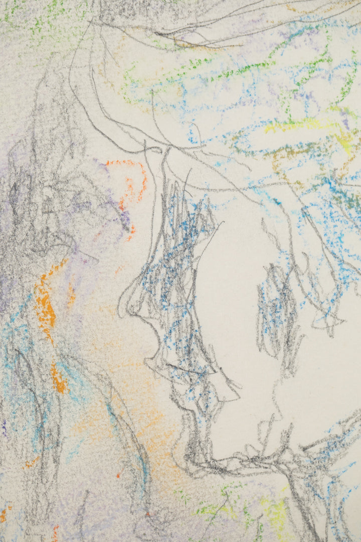 alt="Close-up detail of Yasumijikan (The Recess – Drawing) showing loosely defined pencil lines and the atmosphere of women in conversation by Tatsuo Takayama"