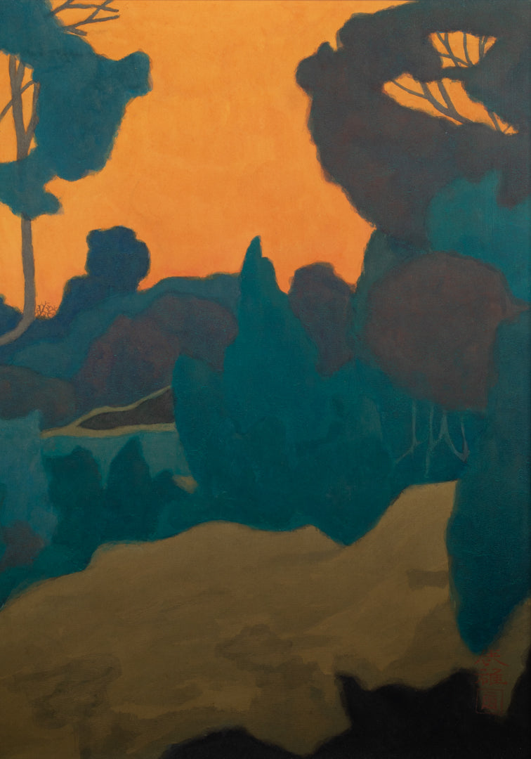 alt="Close-up detail of Yuukage (The Evening Glow) painting showing the twilight orange sky and silhouetted trees by Tatsuo Takayama in Nihonga style"