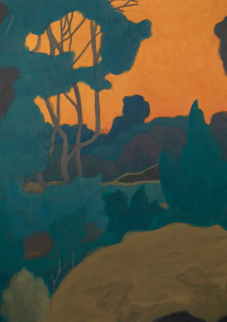 alt="Close-up detail of Yuukage (The Evening Glow) painting showing the twilight orange sky and silhouetted trees by Tatsuo Takayama in Nihonga style"