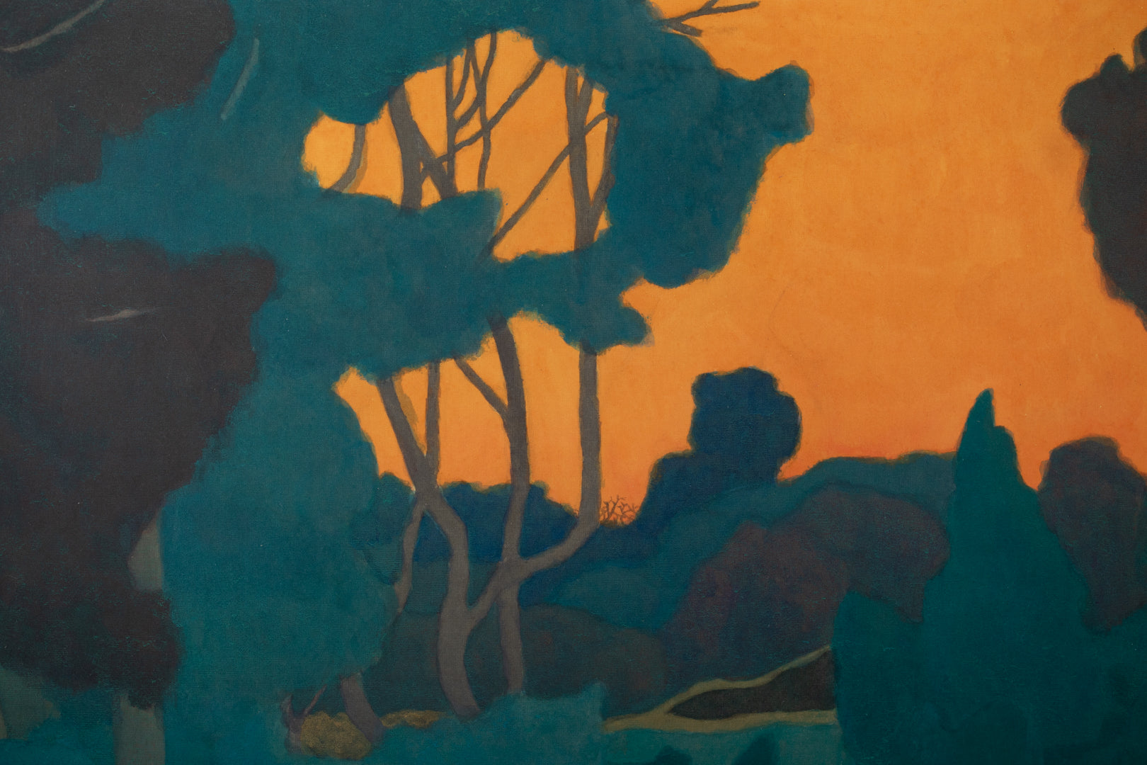 alt="Close-up detail of Yuukage (The Evening Glow) painting showing the twilight orange sky and silhouetted trees by Tatsuo Takayama in Nihonga style"