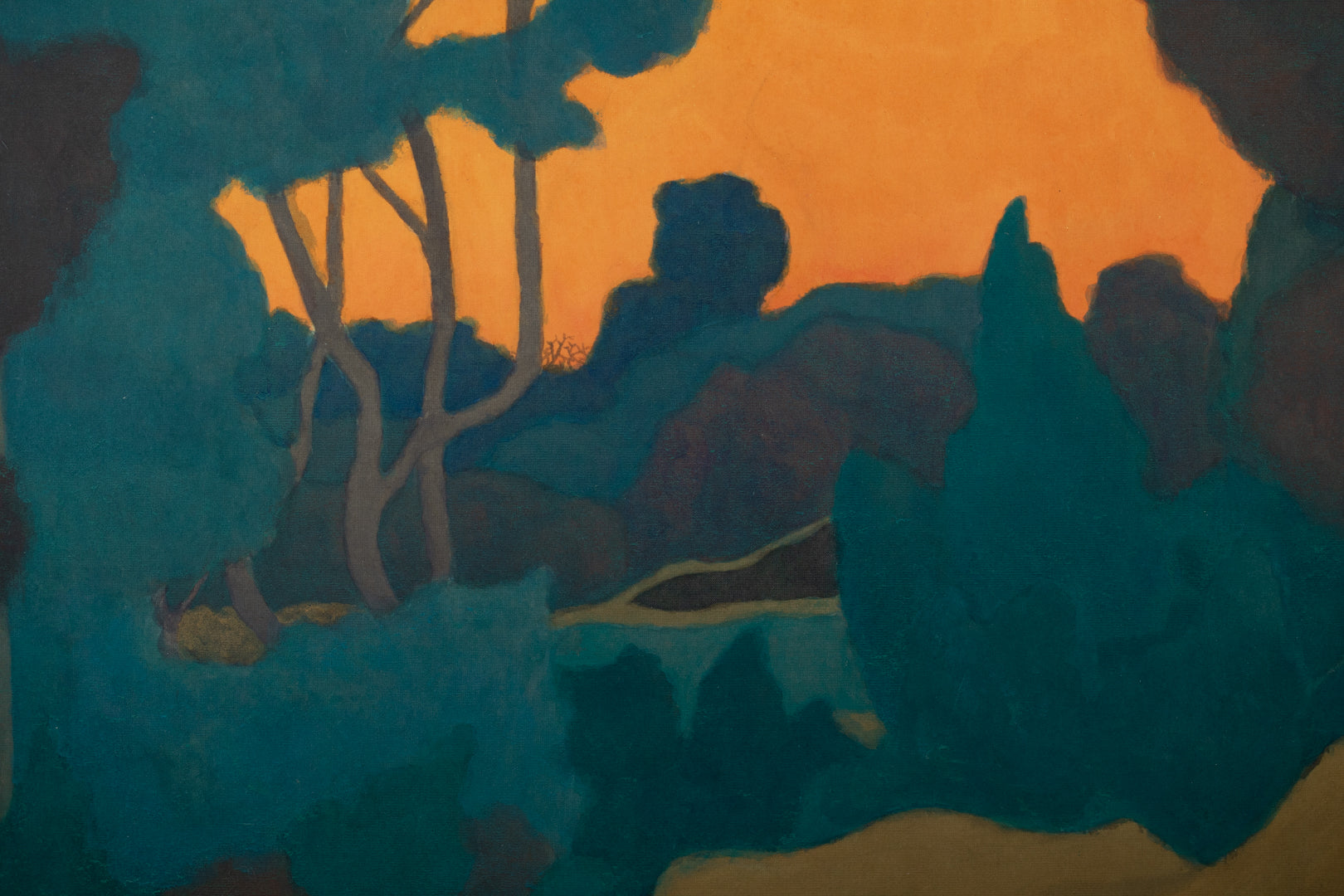 alt="Close-up detail of Yuukage (The Evening Glow) painting showing the twilight orange sky and silhouetted trees by Tatsuo Takayama in Nihonga style"