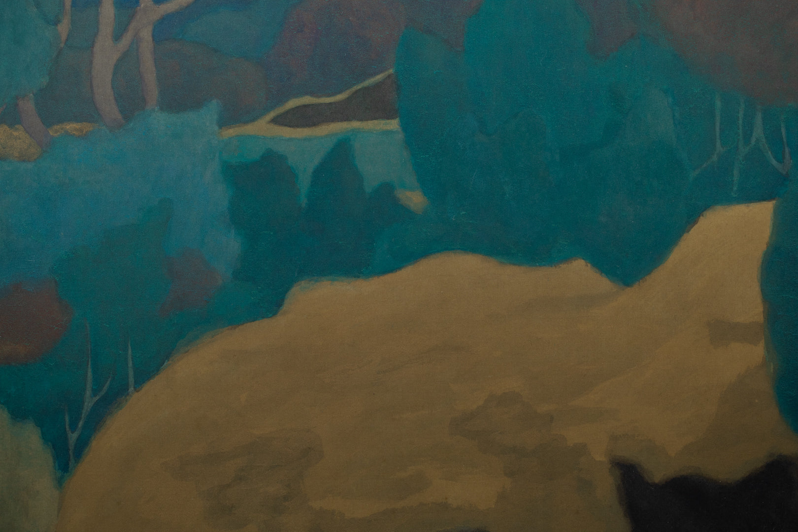 alt="Close-up detail of Yuukage (The Evening Glow) painting showing the twilight orange sky and silhouetted trees by Tatsuo Takayama in Nihonga style"