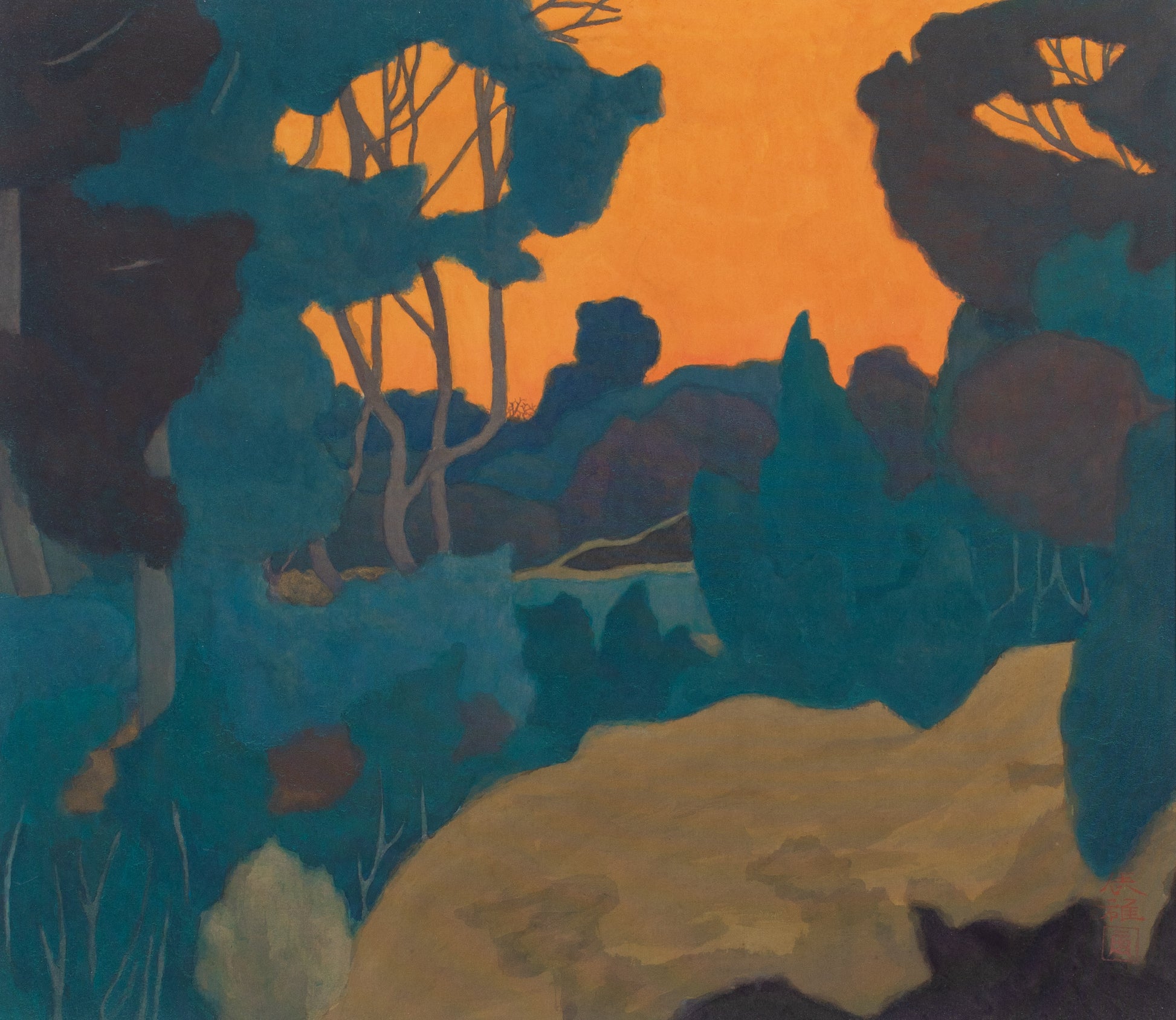 alt="Yuukage (The Evening Glow) painting with vivid orange twilight sky and simplified dark tree silhouettes by Tatsuo Takayama in Nihonga style"
