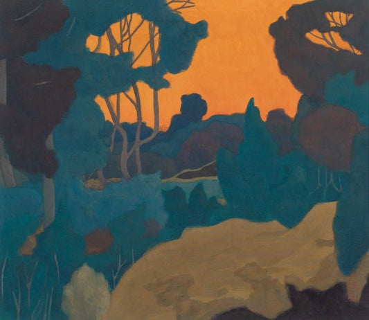 alt="Yuukage (The Evening Glow) painting with vivid orange twilight sky and simplified dark tree silhouettes by Tatsuo Takayama in Nihonga style"