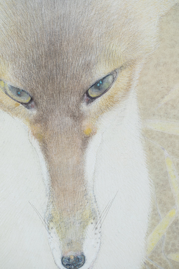 alt="Close-up detail of The Silver Night painting showing the silver fox and surrounding plants by Koichi Takeuchi in Nihonga style"