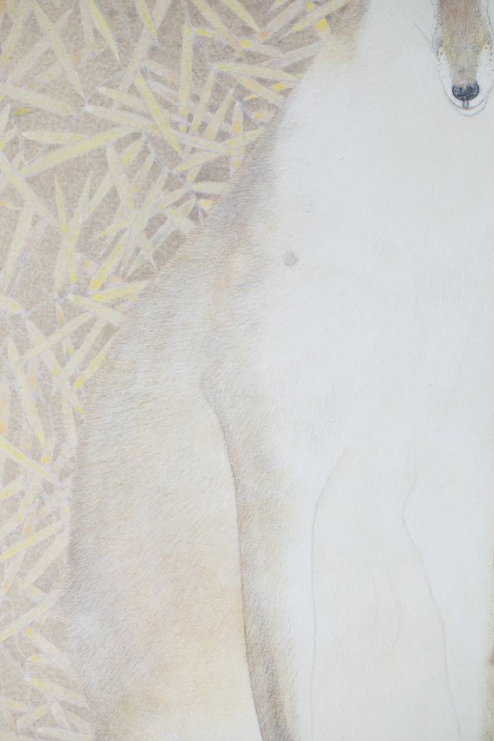alt="Close-up detail of The Silver Night painting showing the silver fox and surrounding plants by Koichi Takeuchi in Nihonga style"