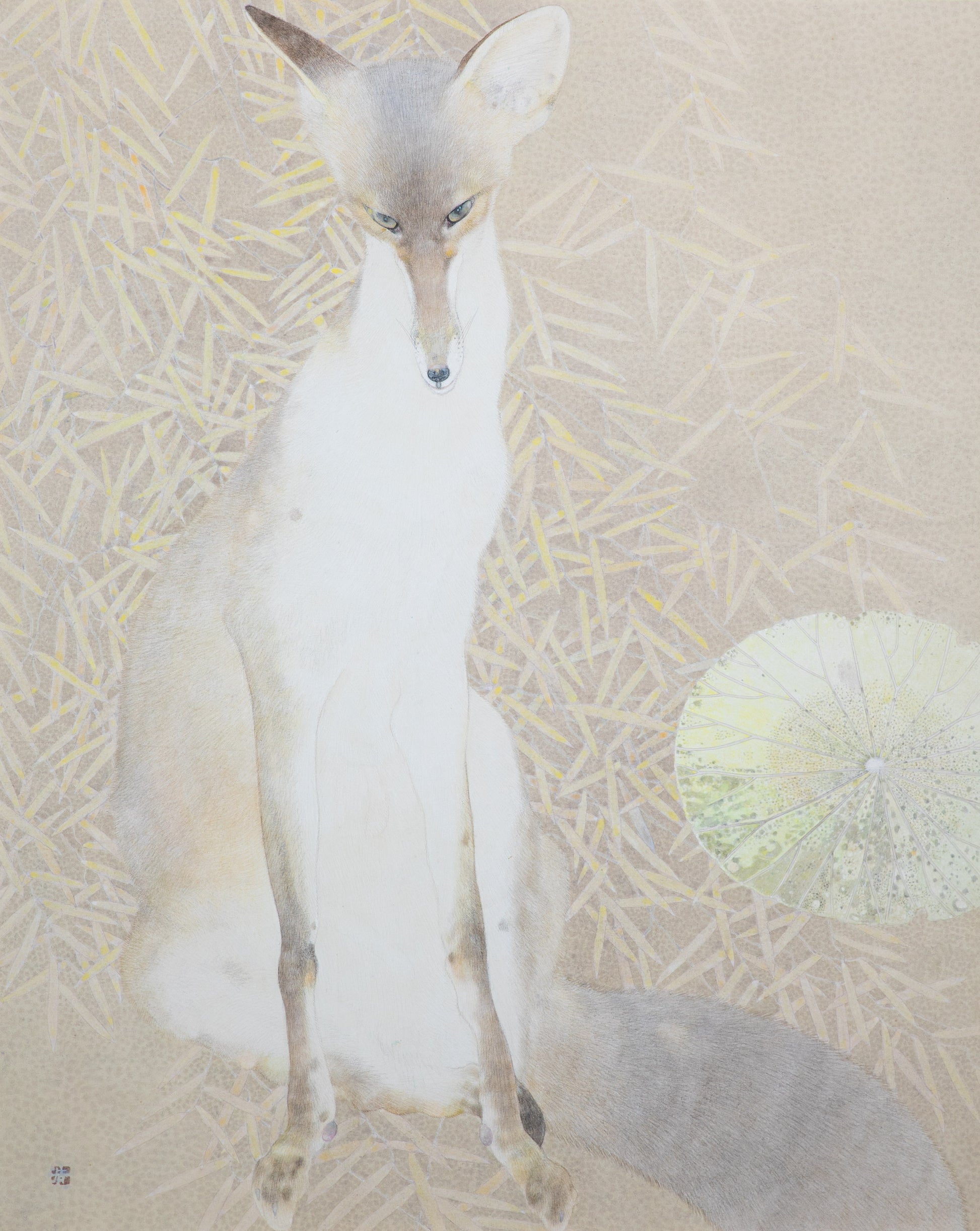 alt="The Silver Night painting with a silver fox facing forward among butterbur and bamboo leaves by Koichi Takeuchi in Nihonga style"