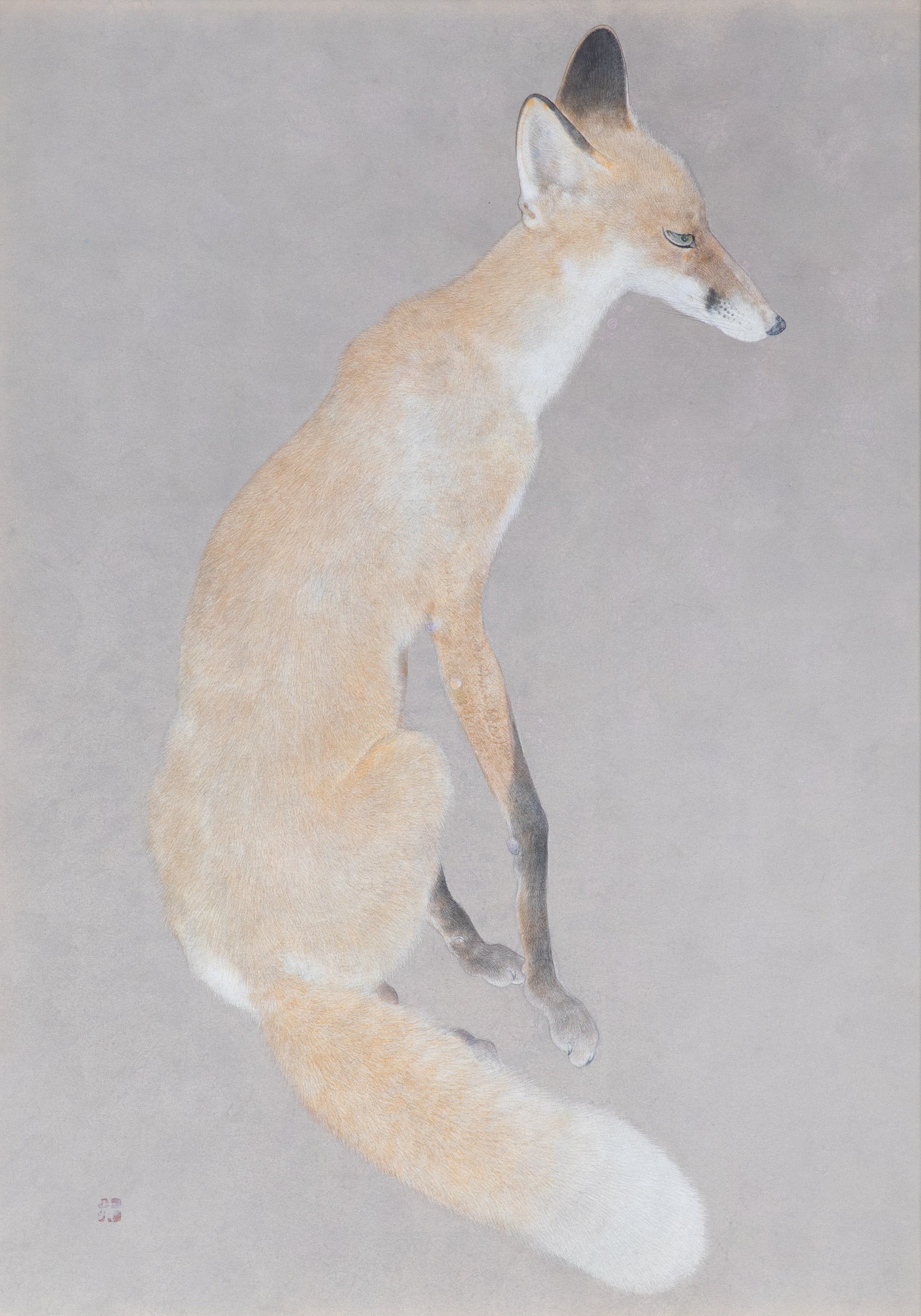 alt="Kitsune (The Fox) painting with a fox facing right with a dignified presence and piercing gaze by Koichi Takeuchi in Nihonga style"