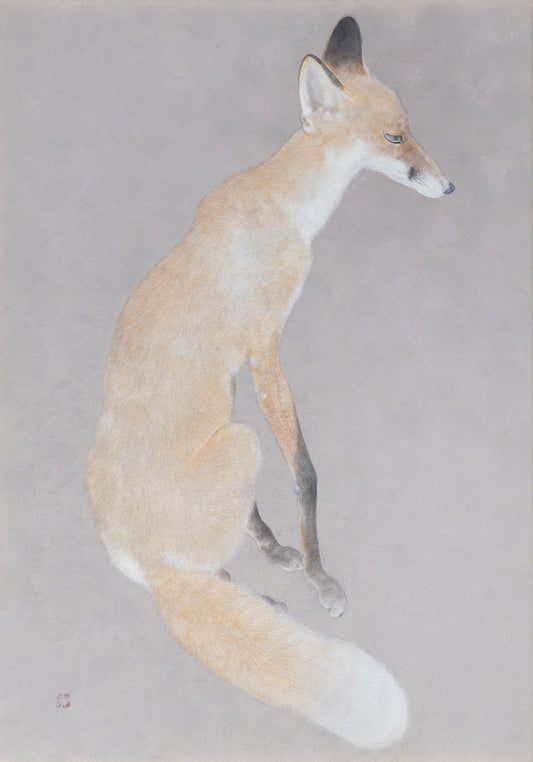 alt="Kitsune (The Fox) painting with a fox facing right with a dignified presence and piercing gaze by Koichi Takeuchi in Nihonga style"
