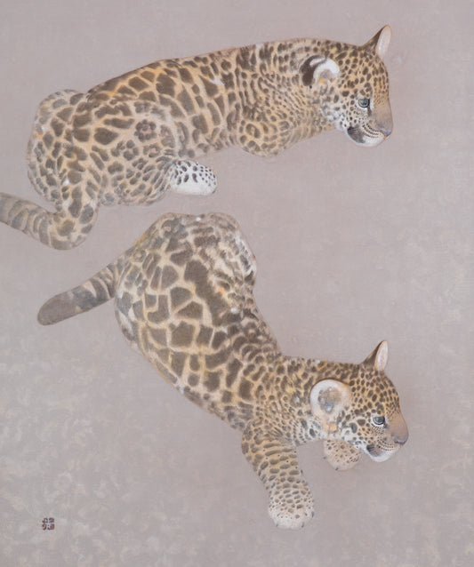 Two young jaguars painting by Koichi Takeuchi in Nihonga style