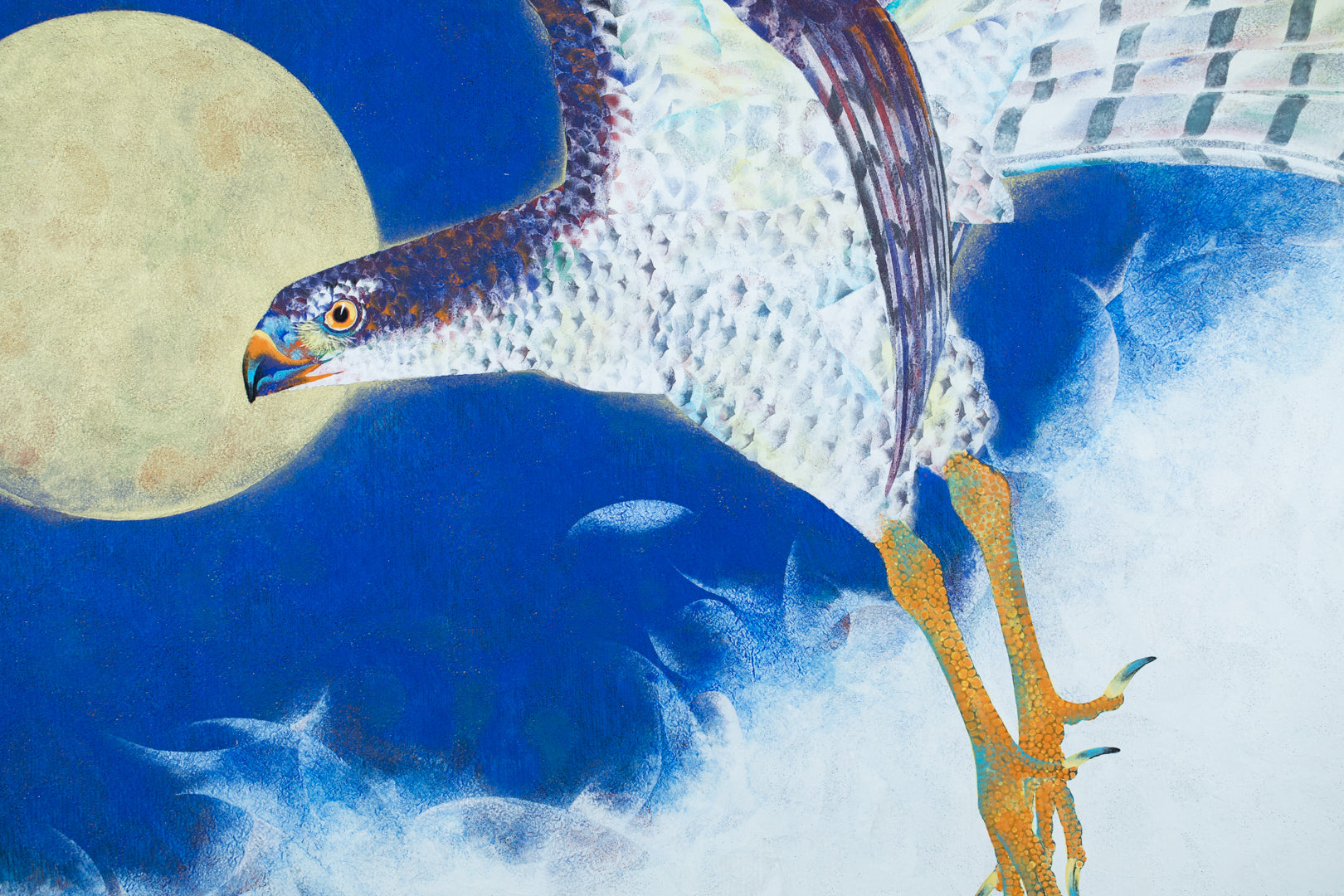 alt="Close-up detail of The Great Hawk painting showing the hawk’s feathers and moonlit sky by Tatsuoki Ichino in Nihonga style"
