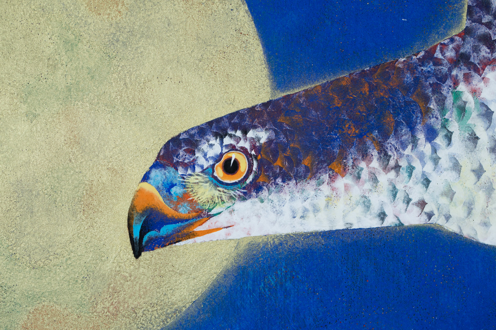 alt="Close-up detail of The Great Hawk painting showing the hawk’s feathers and moonlit sky by Tatsuoki Ichino in Nihonga style"
