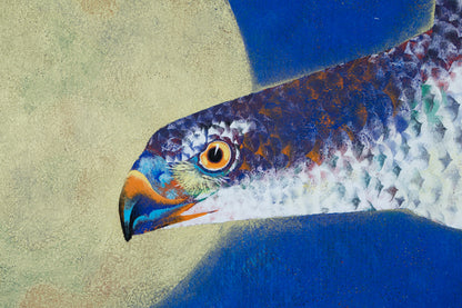 alt="Close-up detail of The Great Hawk painting showing the hawk’s feathers and moonlit sky by Tatsuoki Ichino in Nihonga style"

