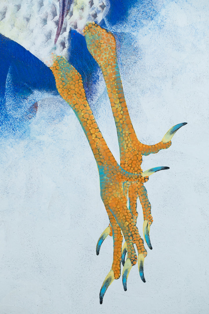 alt="Close-up detail of The Great Hawk painting showing the hawk’s feathers and moonlit sky by Tatsuoki Ichino in Nihonga style"
