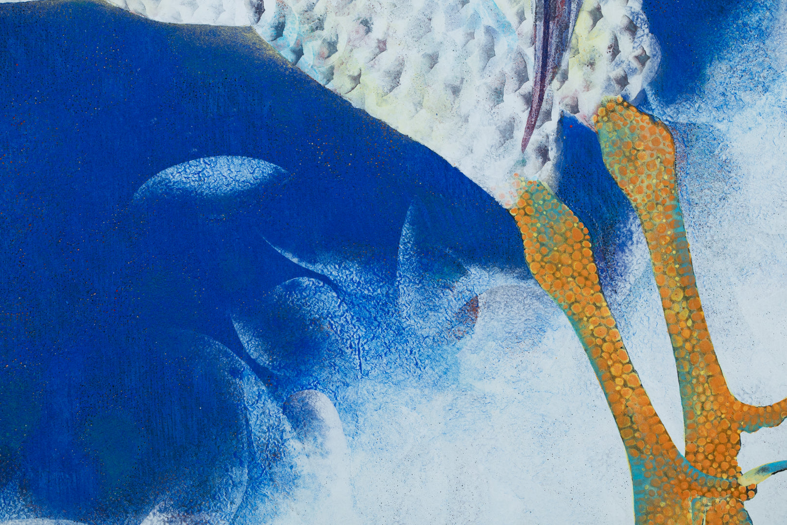 alt="Close-up detail of The Great Hawk painting showing the hawk’s feathers and moonlit sky by Tatsuoki Ichino in Nihonga style"
