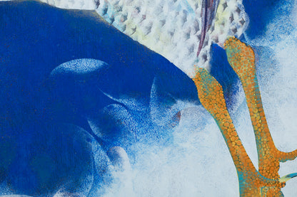 alt="Close-up detail of The Great Hawk painting showing the hawk’s feathers and moonlit sky by Tatsuoki Ichino in Nihonga style"
