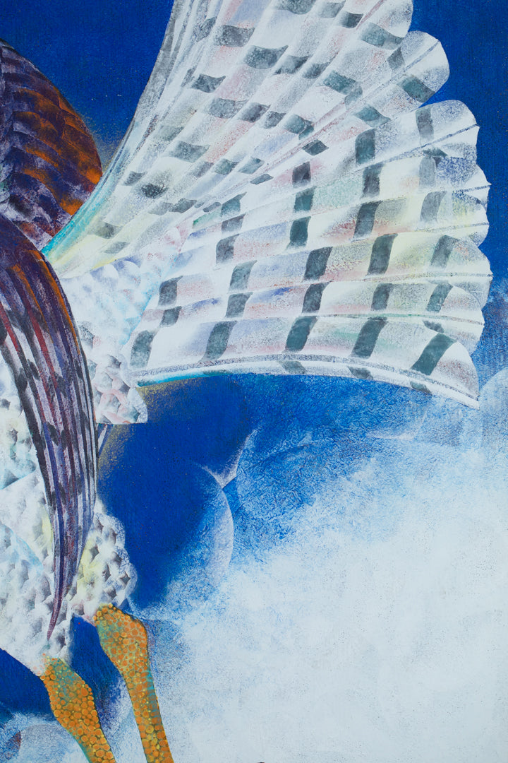 alt="Close-up detail of The Great Hawk painting showing the hawk’s feathers and moonlit sky by Tatsuoki Ichino in Nihonga style"
