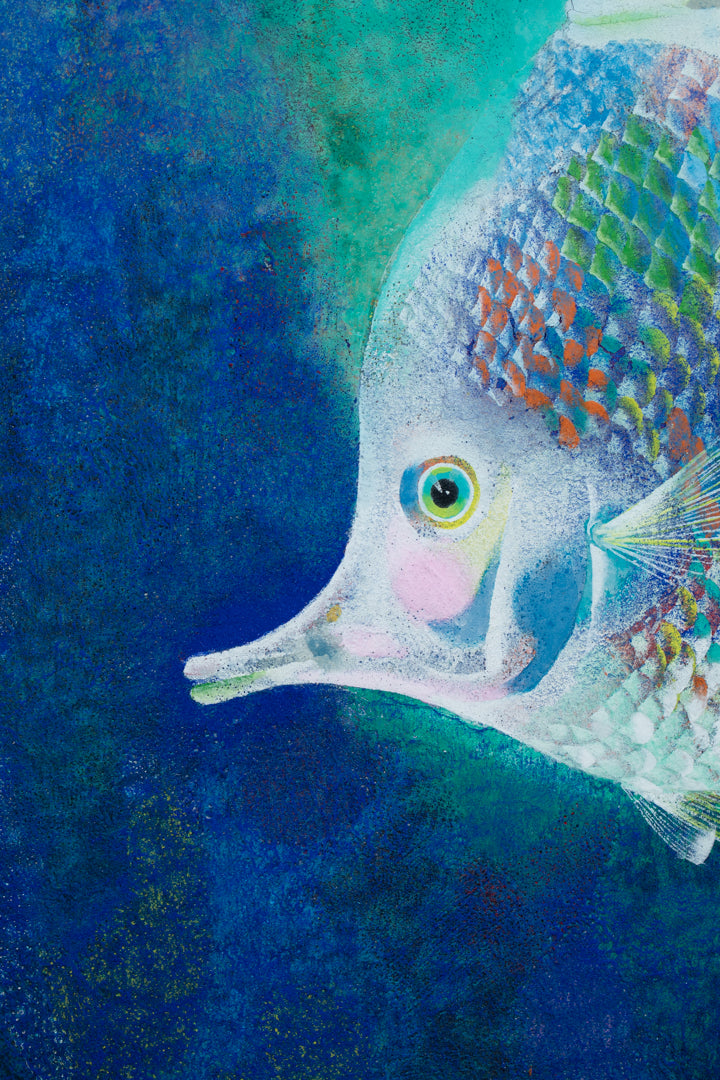 alt="Close-up detail of The Fish painting showing the multicolored scales and flowing forms by Tatsuoki Ichino in Nihonga style"
