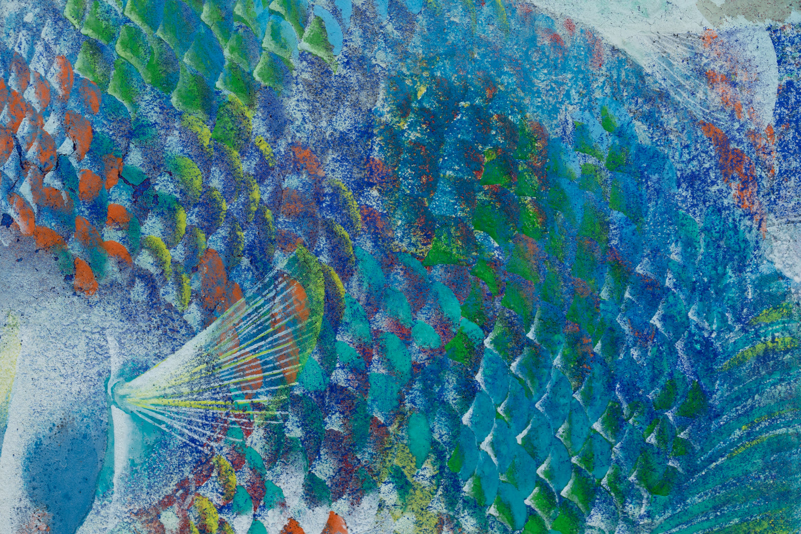 alt="Close-up detail of The Fish painting showing the multicolored scales and flowing forms by Tatsuoki Ichino in Nihonga style"
