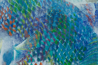 alt="Close-up detail of The Fish painting showing the multicolored scales and flowing forms by Tatsuoki Ichino in Nihonga style"
