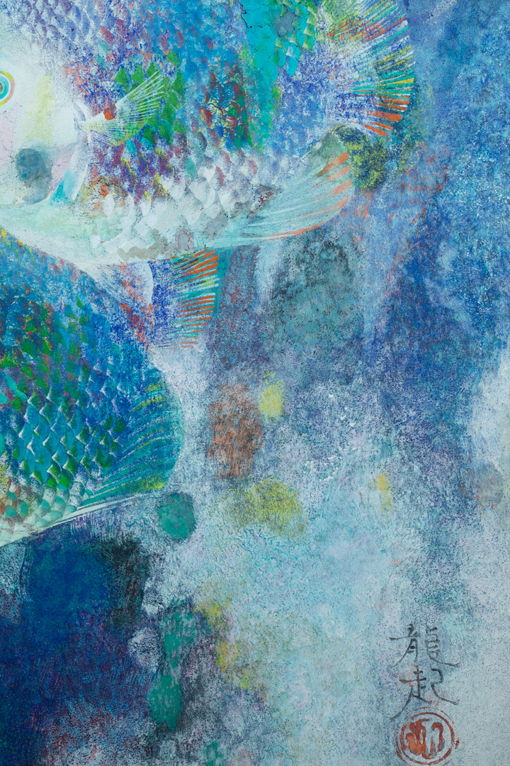 alt="Close-up detail of The Fish painting showing the multicolored scales and flowing forms by Tatsuoki Ichino in Nihonga style"

