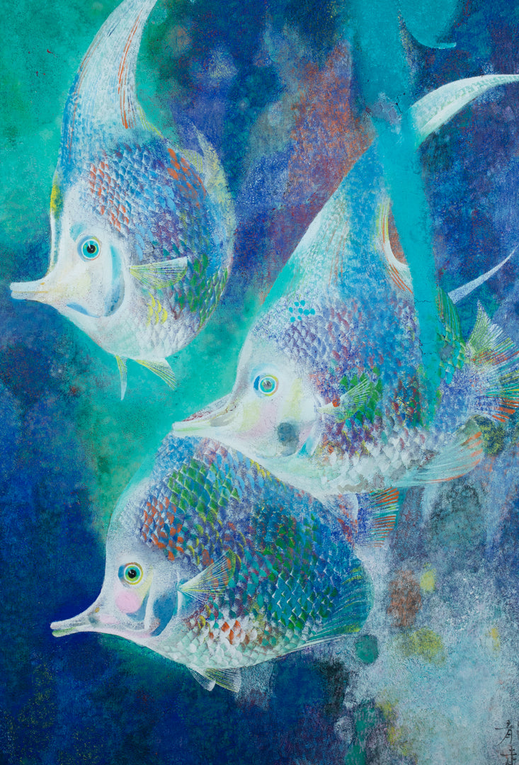 alt="Close-up detail of The Fish painting showing the multicolored scales and flowing forms by Tatsuoki Ichino in Nihonga style"
