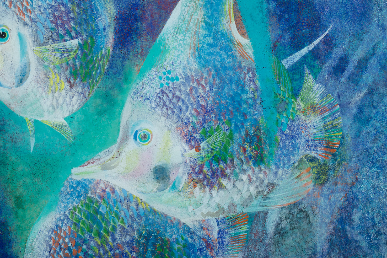 alt="Close-up detail of The Fish painting showing the multicolored scales and flowing forms by Tatsuoki Ichino in Nihonga style"
