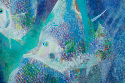 alt="Close-up detail of The Fish painting showing the multicolored scales and flowing forms by Tatsuoki Ichino in Nihonga style"
