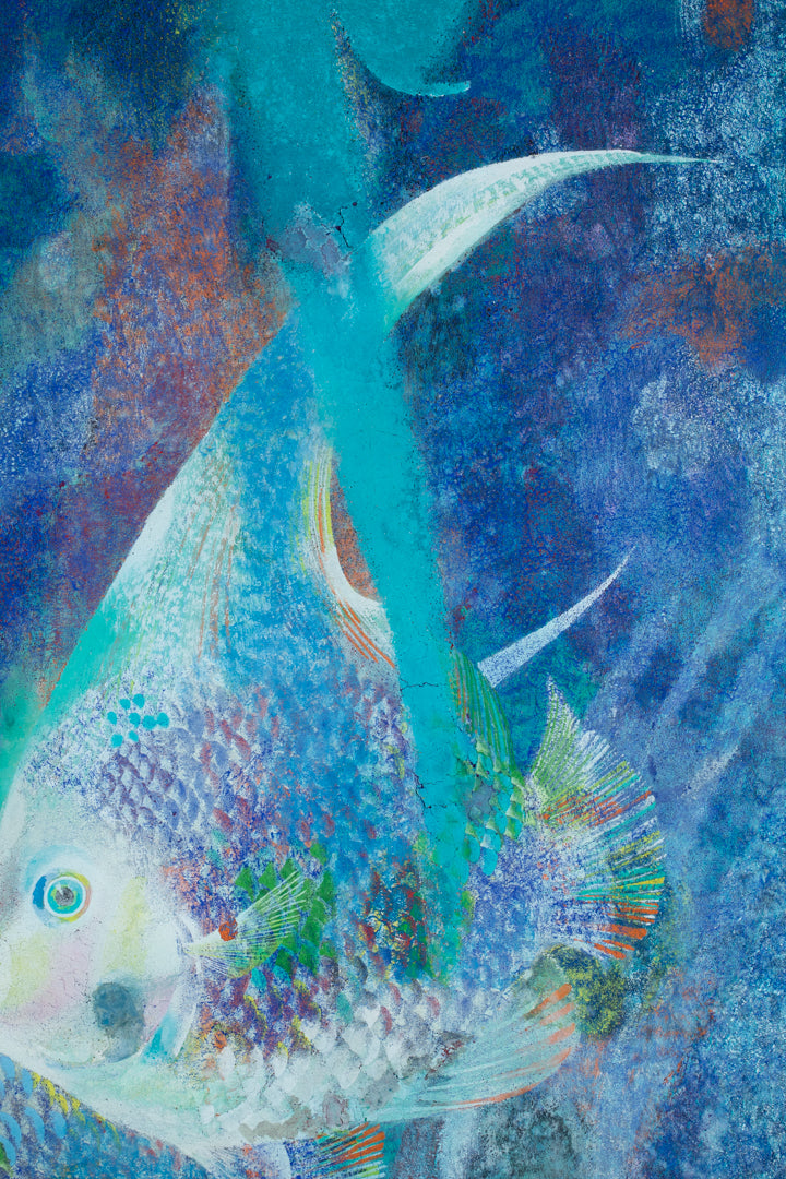 alt="Close-up detail of The Fish painting showing the multicolored scales and flowing forms by Tatsuoki Ichino in Nihonga style"

