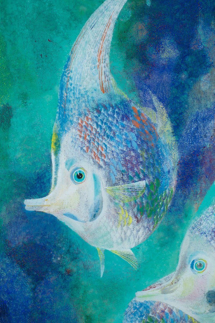 alt="Close-up detail of The Fish painting showing the multicolored scales and flowing forms by Tatsuoki Ichino in Nihonga style"
