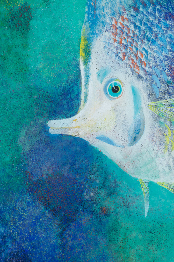 alt="Close-up detail of The Fish painting showing the multicolored scales and flowing forms by Tatsuoki Ichino in Nihonga style"
