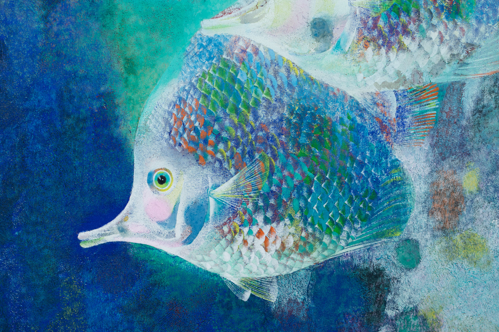 alt="Close-up detail of The Fish painting showing the multicolored scales and flowing forms by Tatsuoki Ichino in Nihonga style"
