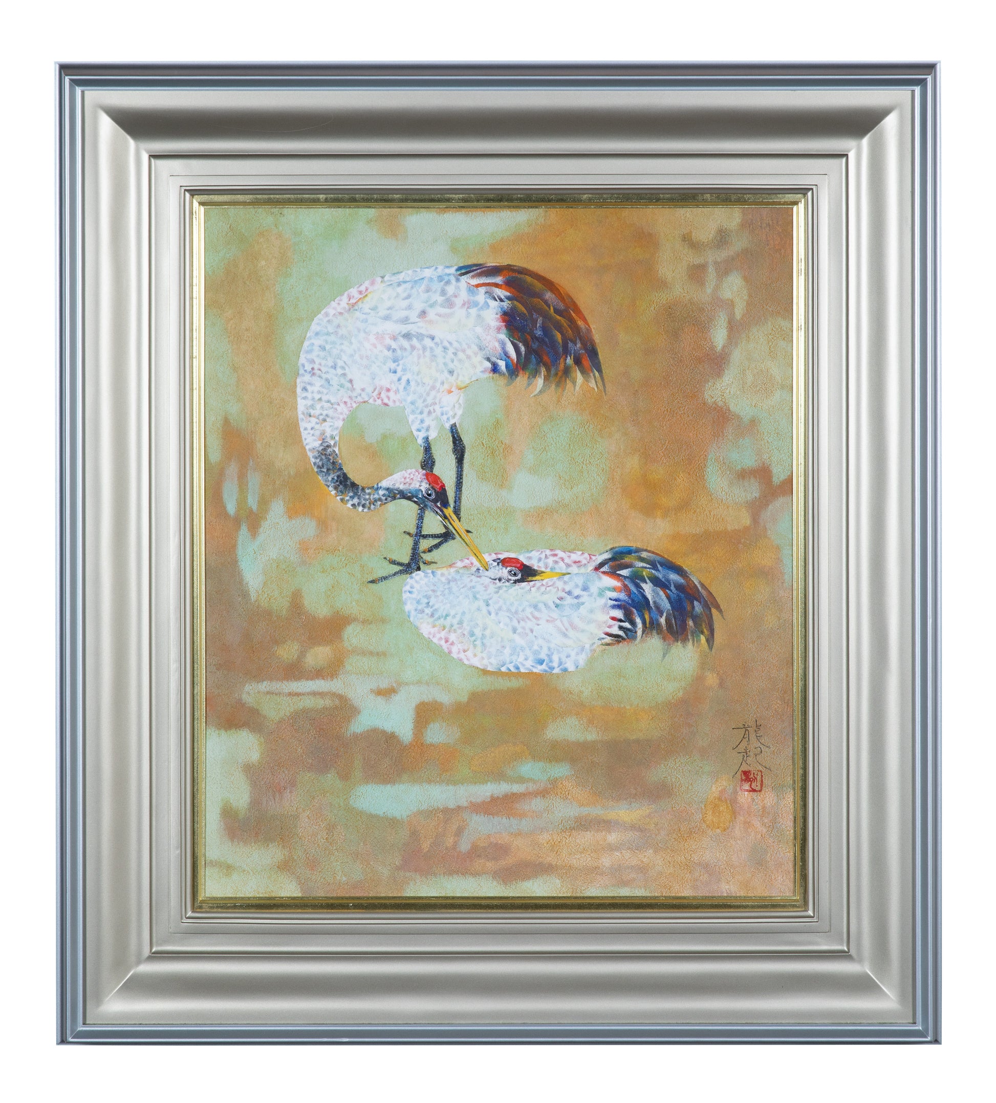 alt="Framed The Cranes painting by Tatsuoki Ichino in Nihonga style"
