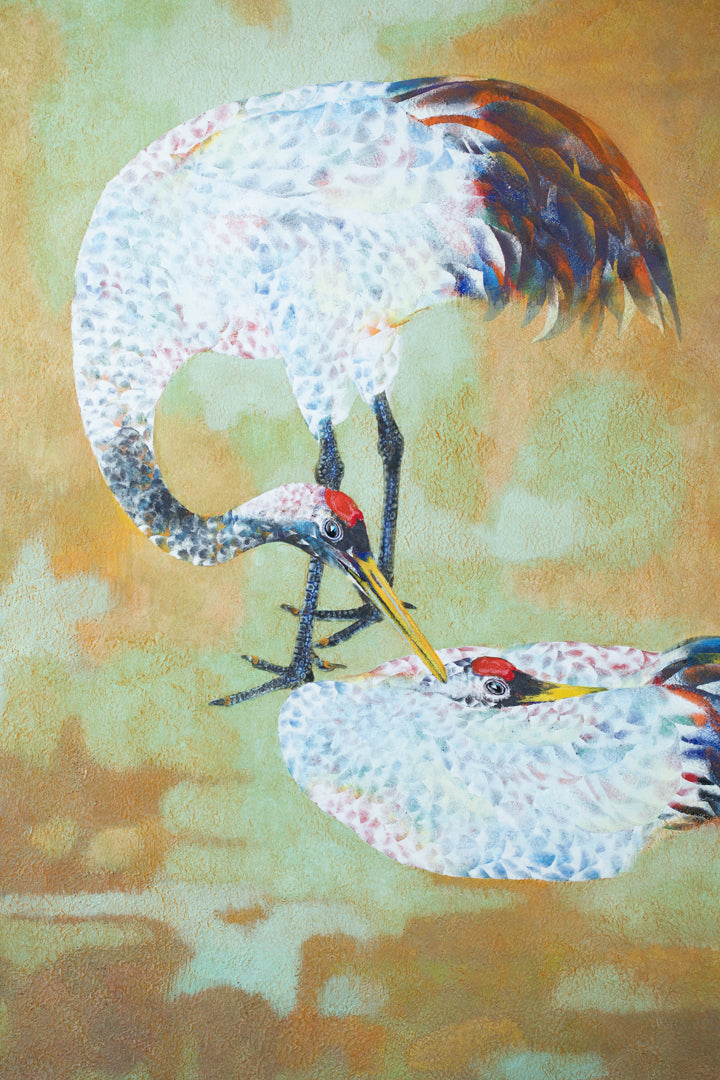 alt="Close-up detail of The Cranes painting showing the intimate preening gesture by Tatsuoki Ichino in Nihonga style"
