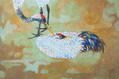 alt="Close-up detail of The Cranes painting showing the intimate preening gesture by Tatsuoki Ichino in Nihonga style"
