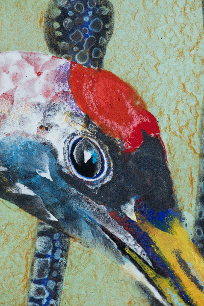 alt="Close-up detail of The Cranes painting showing the intimate preening gesture by Tatsuoki Ichino in Nihonga style"

