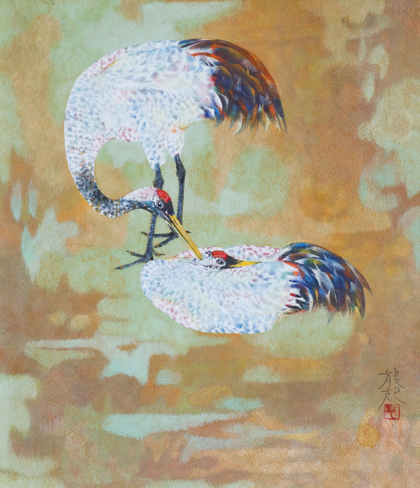alt="The Cranes painting with two cranes, one gently preening the other, symbolizing harmony and fidelity by Tatsuoki Ichino in Nihonga style"
