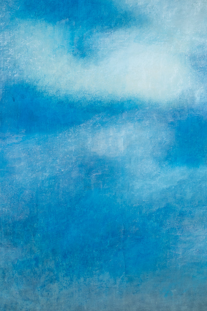alt="Close-up detail of Yuunmushin (Clouds, Wandering Free) painting showing drifting clouds and subtle gradations of blue by Eien Iwahashi in Nihonga style"
