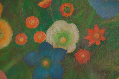 alt="Close-up detail of Flowers and Fruits of Saint-Rémy painting showing tulips and fruits by Kojiro Kosugi in Nihonga style"
