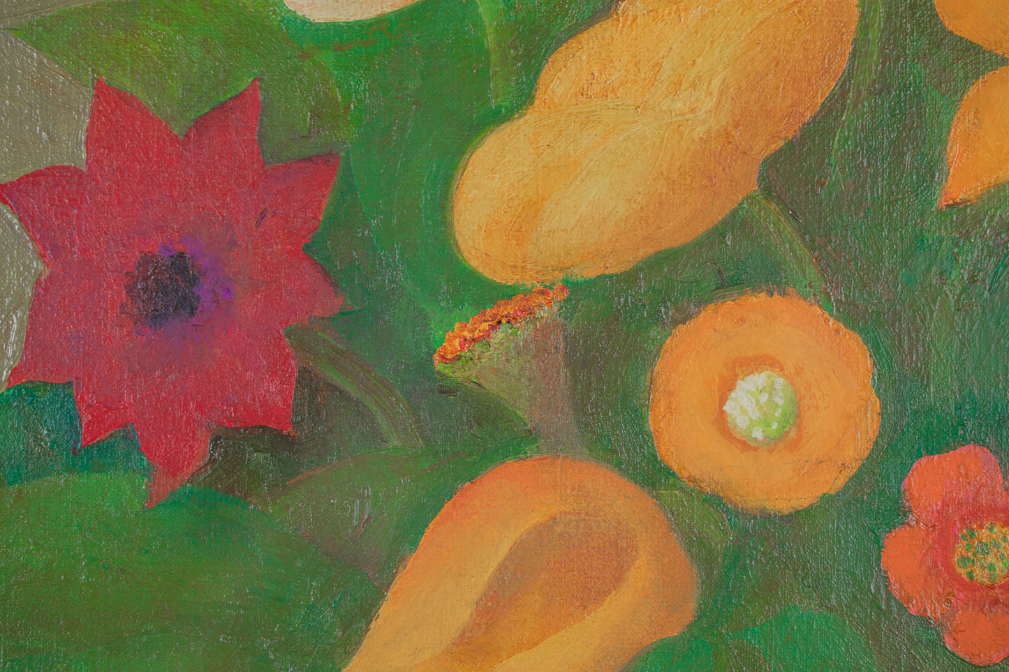 alt="Close-up detail of Flowers and Fruits of Saint-Rémy painting showing tulips and fruits by Kojiro Kosugi in Nihonga style"
