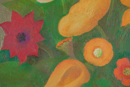 alt="Close-up detail of Flowers and Fruits of Saint-Rémy painting showing tulips and fruits by Kojiro Kosugi in Nihonga style"
