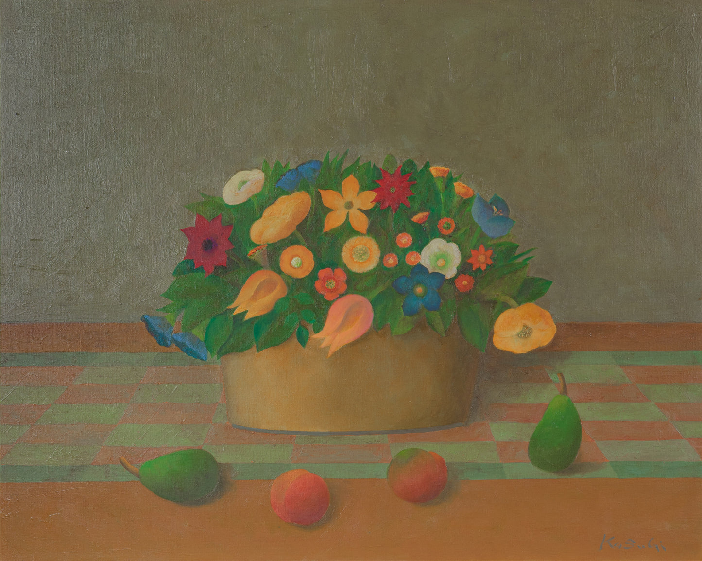 alt="Flowers and Fruits of Saint-Rémy painting with tulips, dahlias, violets in a vase and fruits on a table by Kojiro Kosugi in Nihonga style"
