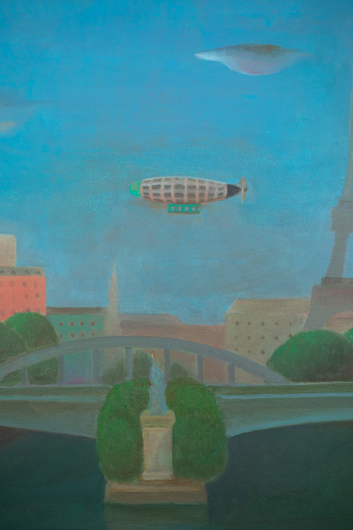 alt="Close-up detail of Hikousen no Mieru Fuukei (Landscape with Airship) painting showing the Eiffel Tower, airship, and sunset sky by Kojiro Kosugi in Nihonga style"
