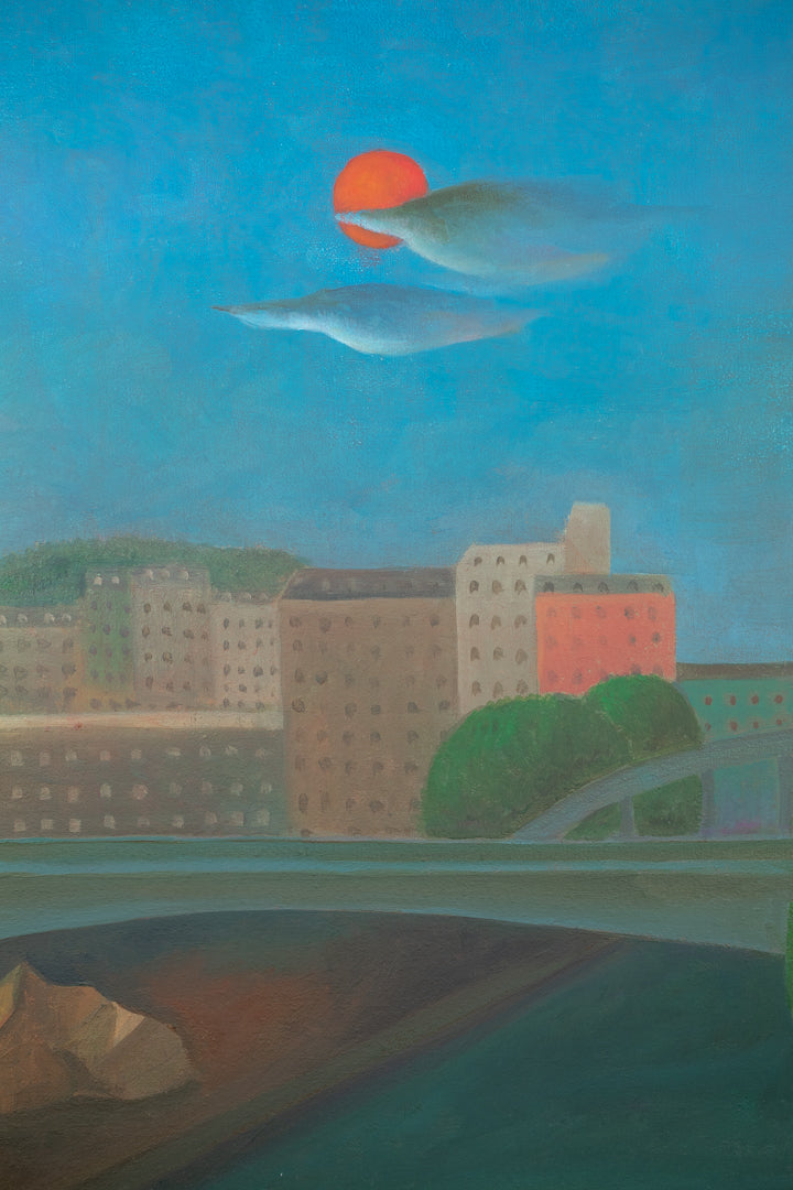 alt="Close-up detail of Hikousen no Mieru Fuukei (Landscape with Airship) painting showing the Eiffel Tower, airship, and sunset sky by Kojiro Kosugi in Nihonga style"
