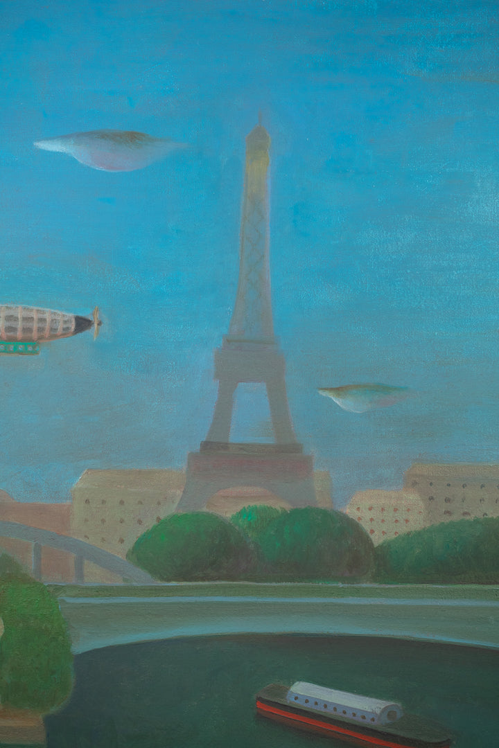alt="Close-up detail of Hikousen no Mieru Fuukei (Landscape with Airship) painting showing the Eiffel Tower, airship, and sunset sky by Kojiro Kosugi in Nihonga style"
