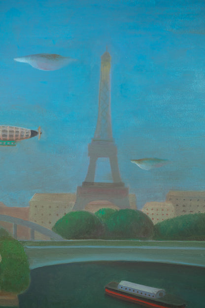 alt="Close-up detail of Hikousen no Mieru Fuukei (Landscape with Airship) painting showing the Eiffel Tower, airship, and sunset sky by Kojiro Kosugi in Nihonga style"
