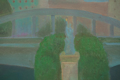 alt="Close-up detail of Hikousen no Mieru Fuukei (Landscape with Airship) painting showing the Eiffel Tower, airship, and sunset sky by Kojiro Kosugi in Nihonga style"
