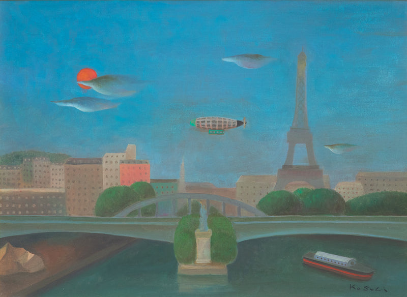 小杉小二郎　「飛行船の見える風景」　53.4×72.8㎝（20号）　7.1㎏　額付き
